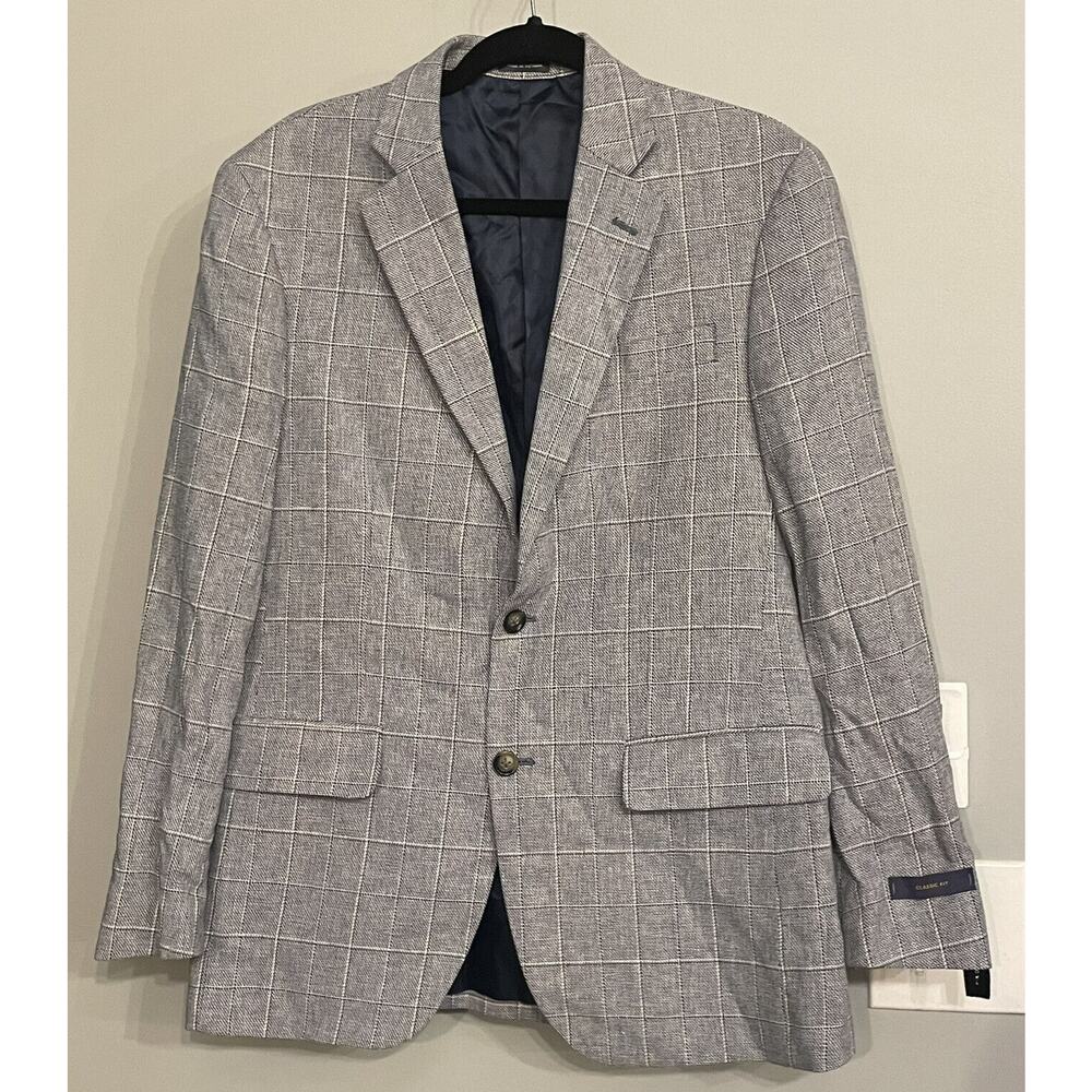Stafford‎ Blazer Classic Fit Linen Blend Windowpane Plaid Sport Coat 38R New